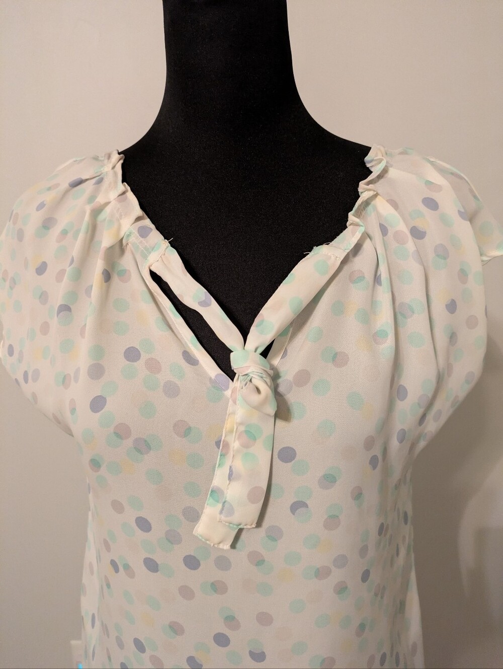 Lauren Conrad Pastel Polka Dot Tie-Back Blouse Size S Sheer Ruffle Cap Sleeves